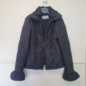 Jeff Gallano Quilted Jacket Blazer Full Zip Black Ruffles Pockets Size 3 Large